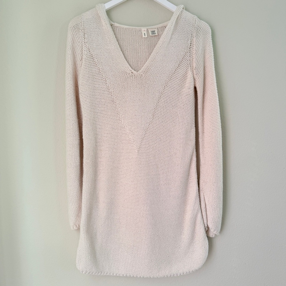 Moth Anthro V-Neck Knit Tunic Hooded Sweater Women Small Cream Coverup Fisherman